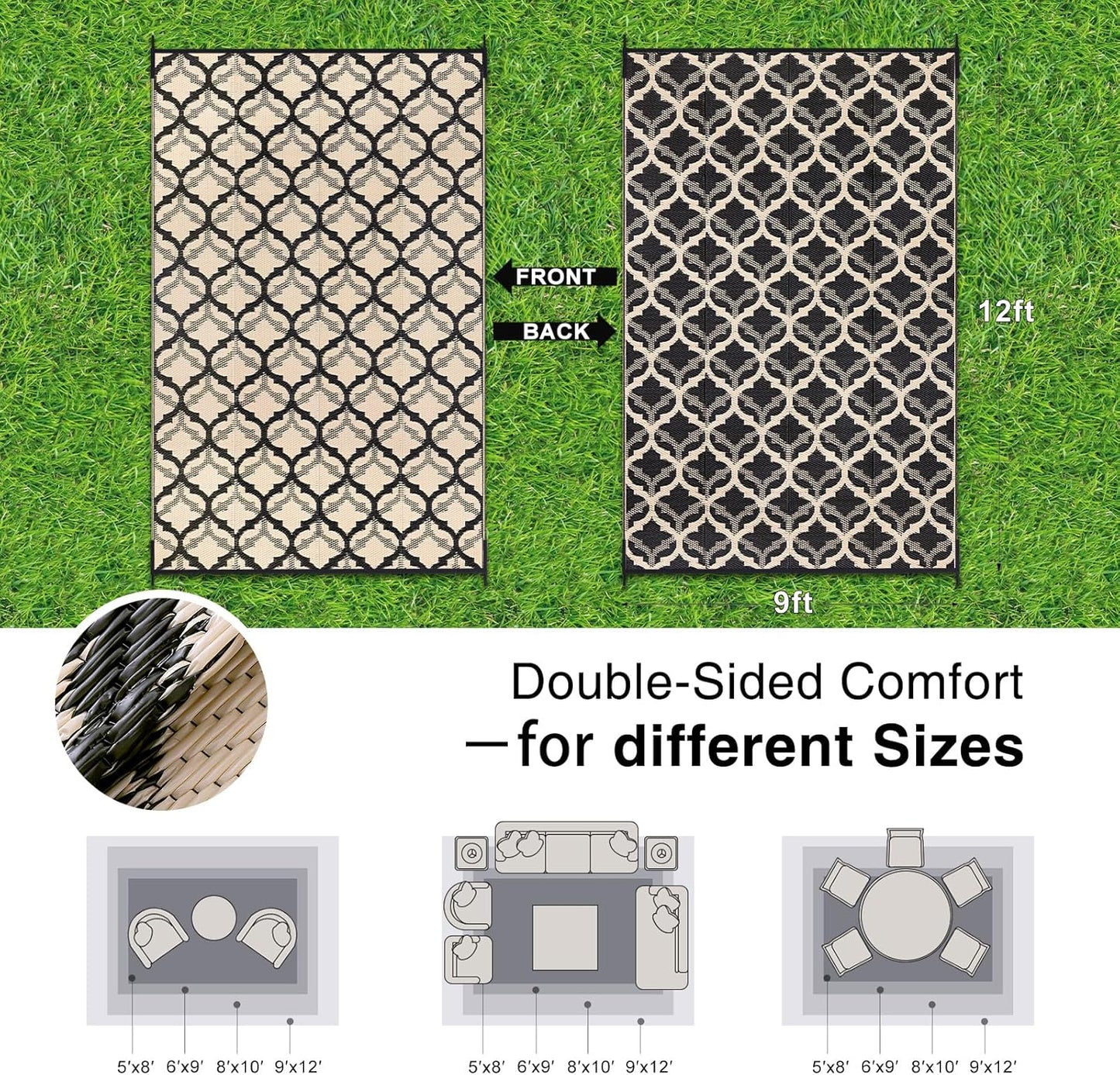 OLANLY Reversible Outdoor Rug 9x12 ft Clearance, Waterproof Outdoor Plastic Straw Rug with