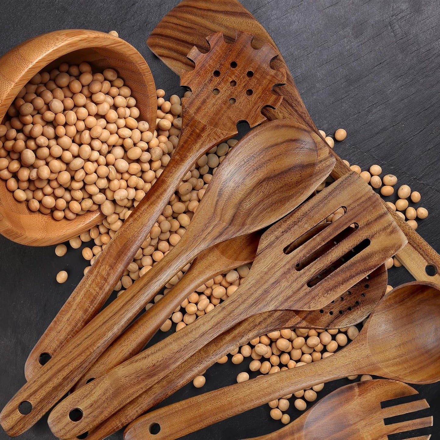 comfoyar Teak Wooden Spoons for Cooking, 9 Pieces Kitchen Cooking Utenails Set with Holder and