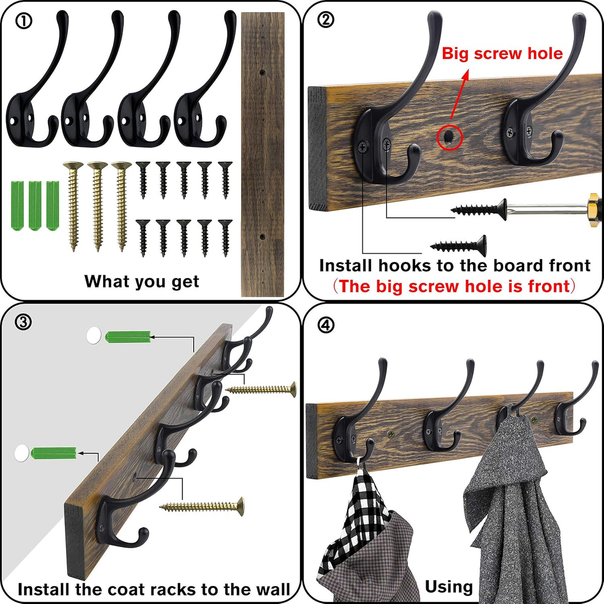 IBosins Wall Mounted Coat Rack, 2 Pack Metal Wood Coat Rack with 8 Black Rustic Hooks for Scarf