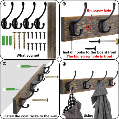 IBosins Wall Mounted Coat Rack, 2 Pack Metal Wood Coat Rack with 8 Black Rustic Hooks for Scarf