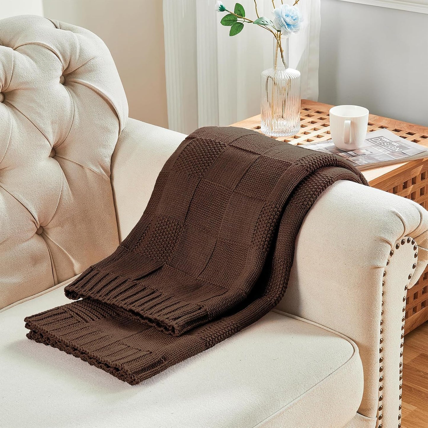 CozeCube Check Knit Throw Blanket, Dark Brown Checkered Throw for Couch, Decorative Christmas Soft
