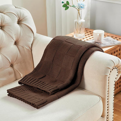 CozeCube Check Knit Throw Blanket, Dark Brown Checkered Throw for Couch, Decorative Christmas Soft