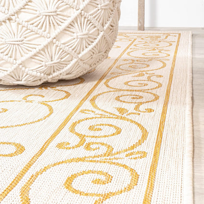 JONATHAN Y Vintage Filigree Indoor Outdoor Round Area Rug 5 Ft Cream/Yellow, Charleston Textured