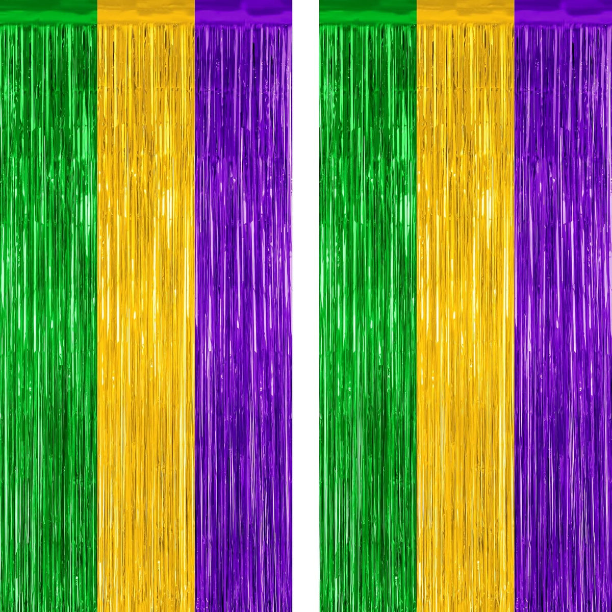 2 Pack Mardi Gras Tinsel Backdrop, 3.28 FT x 7.05 FT Metallic Fringe Curtain, Purple Gold Green
