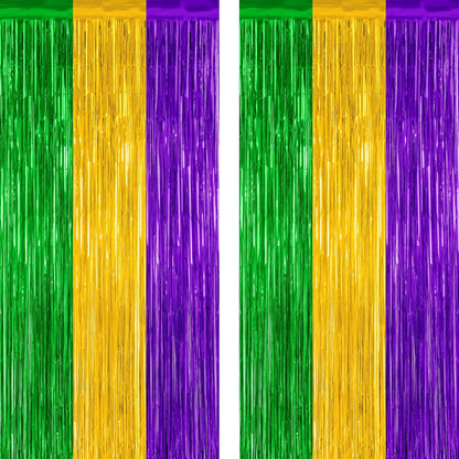 2 Pack Mardi Gras Tinsel Backdrop, 3.28 FT x 7.05 FT Metallic Fringe Curtain, Purple Gold Green