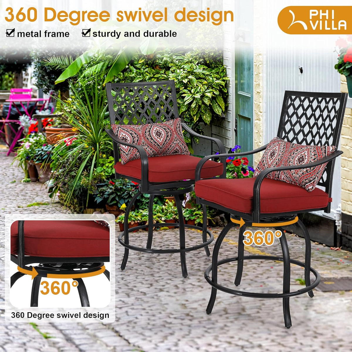 PHI VILLA 5 Piece Patio Bar Hight Dining Set for 4, Outdoor Bar Set with 4 Swivel Cushioned Bar