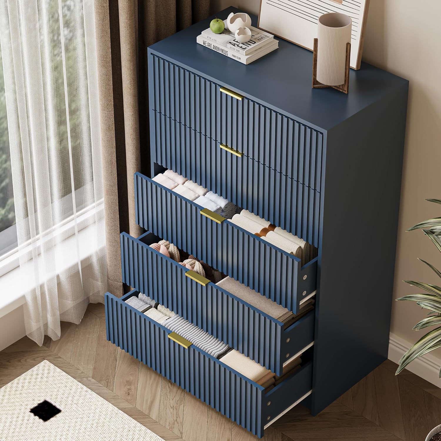 5 Drawer Dresser for Bedroom, Tall Dresser Chest of Drawers with Gold Handles, 32 Inch Wide