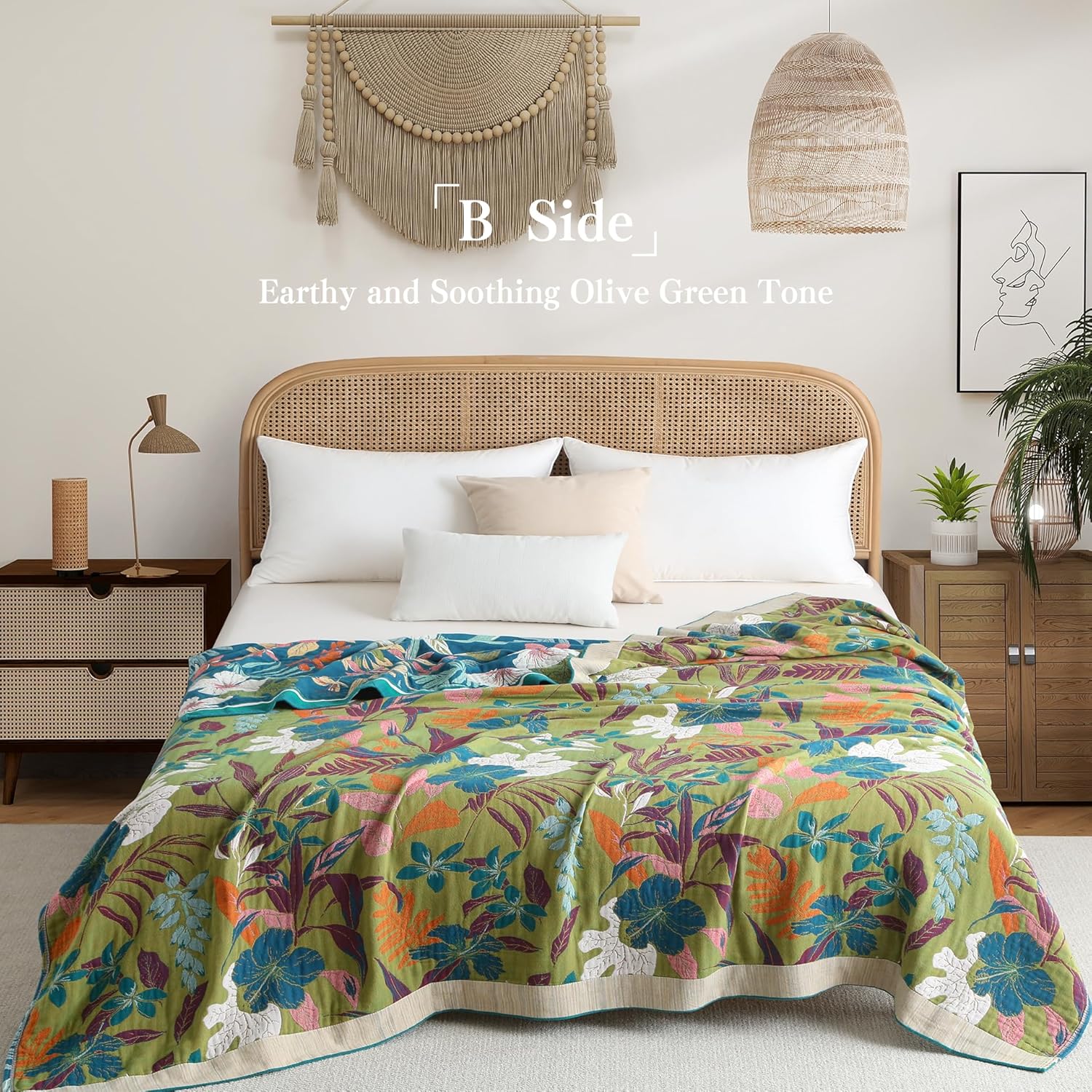 Boho Throw Blanket Twin Size, Soft Cozy Cotton Muslin Quilt Blanket for Bed Decor, Floral Patterned