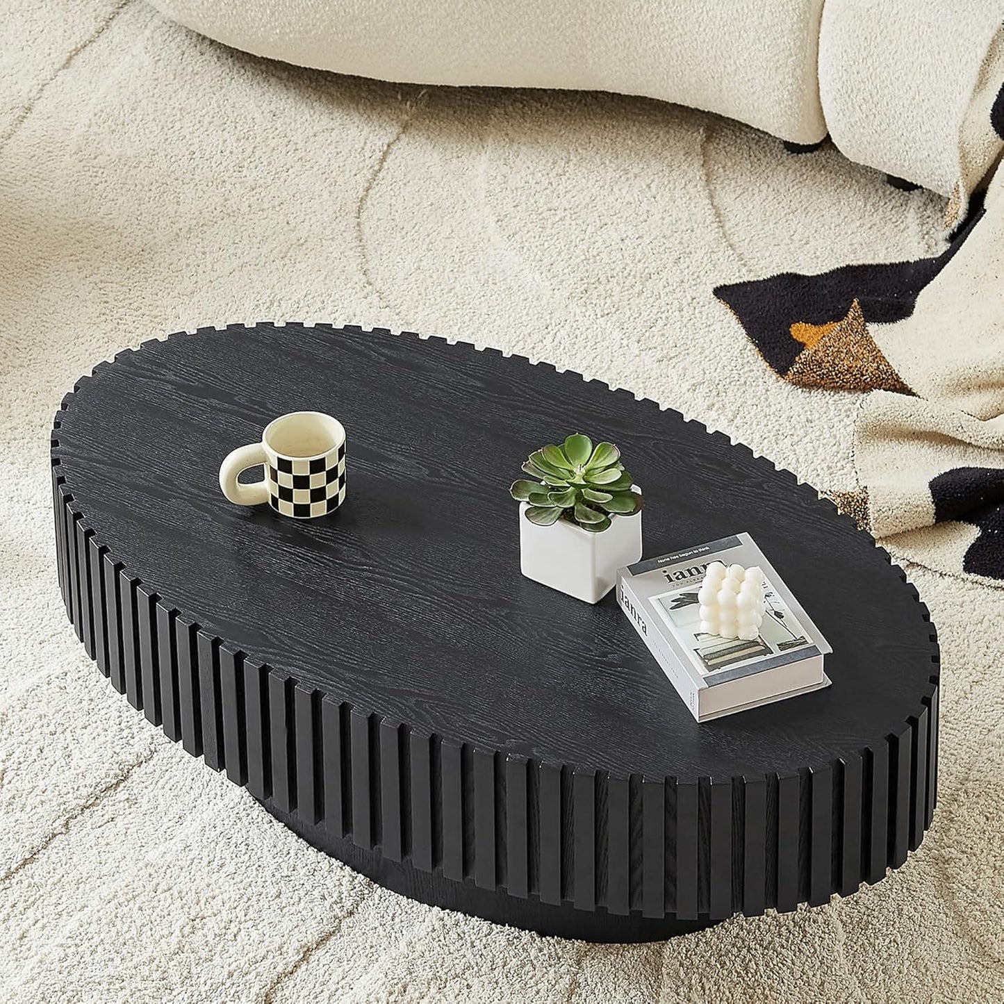 Oval Coffee Table for Living Room, Modern Fluted Coffee Tables with Pedestal Base, Handcrafted