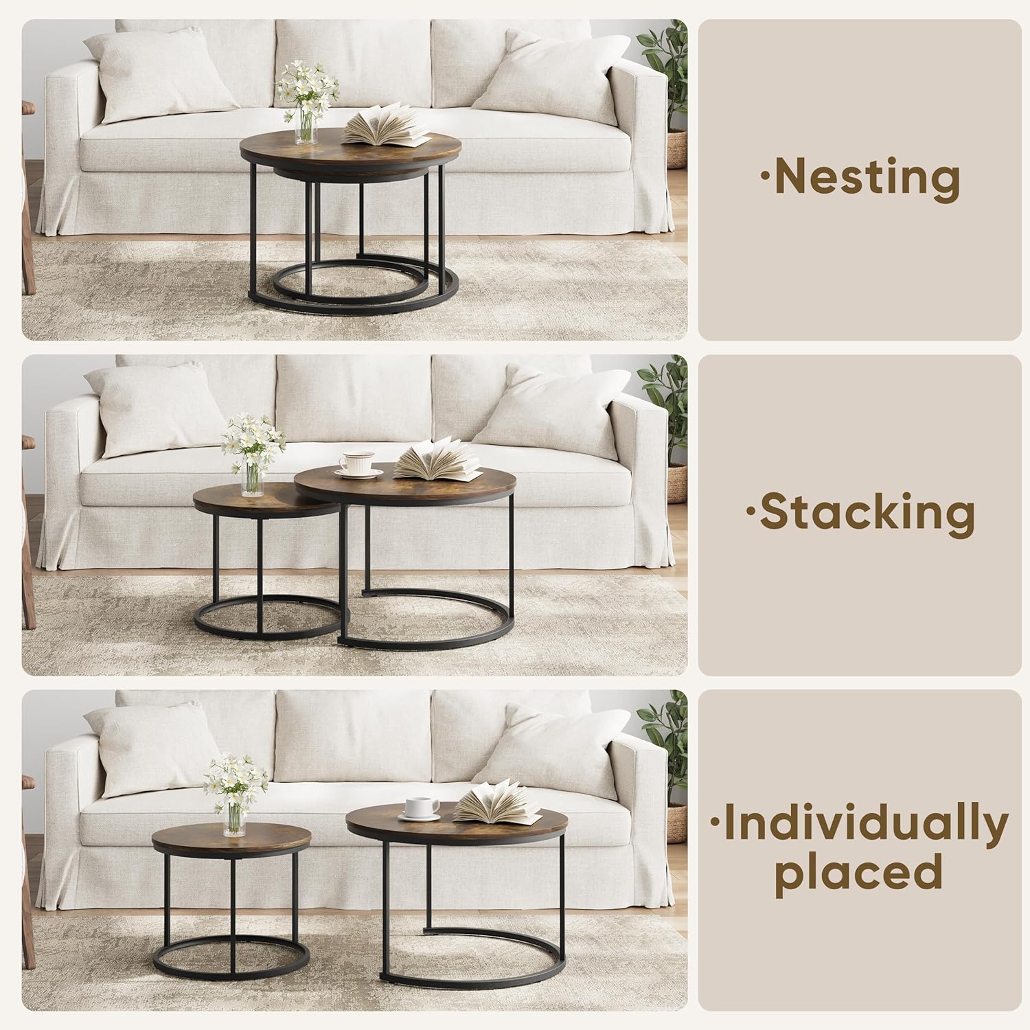 Smuxee Rustic Nesting Coffee Table Set of 2, 27.6" Round Coffee Table Wooden Marble Pattern with