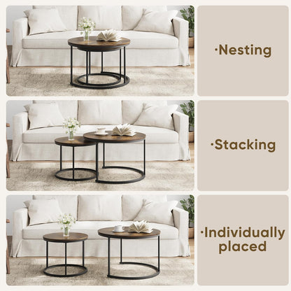 Smuxee Rustic Nesting Coffee Table Set of 2, 27.6" Round Coffee Table Wooden Marble Pattern with