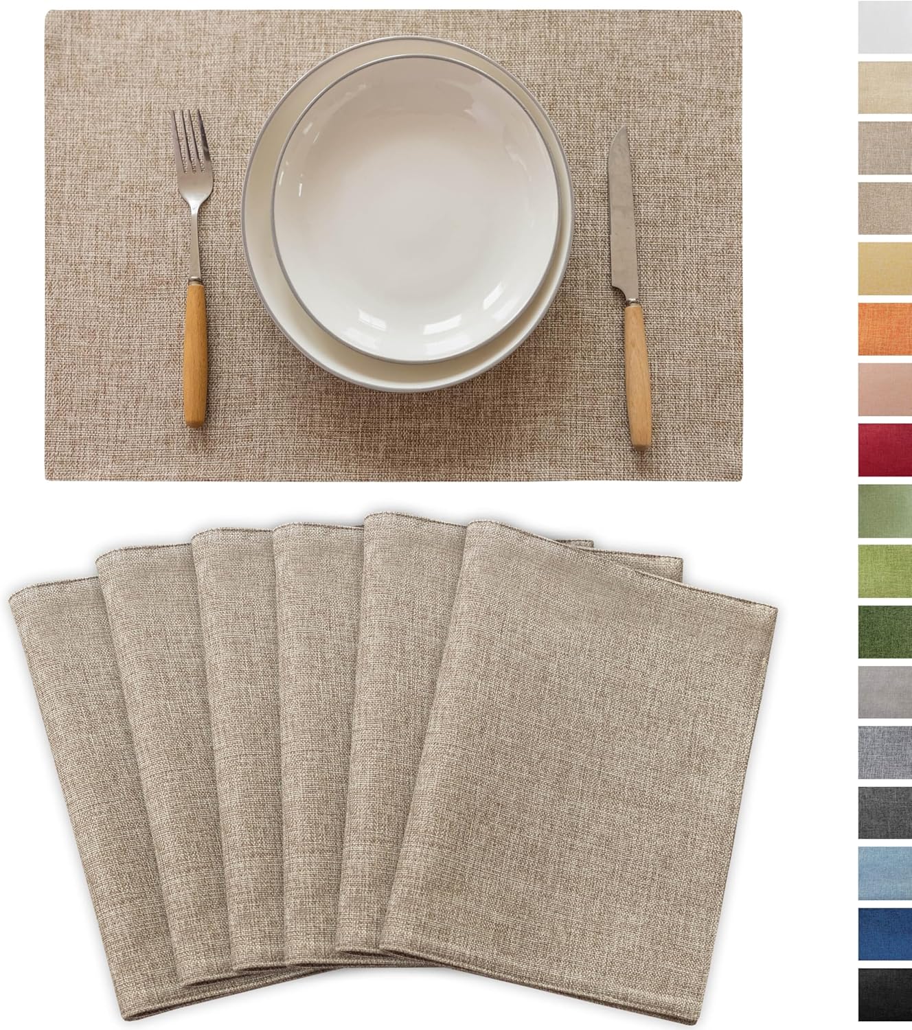 Demetex Linen Placemats Set of 6 Heat Resistant Wipeable Cloth Table Place Mats for Dining Table