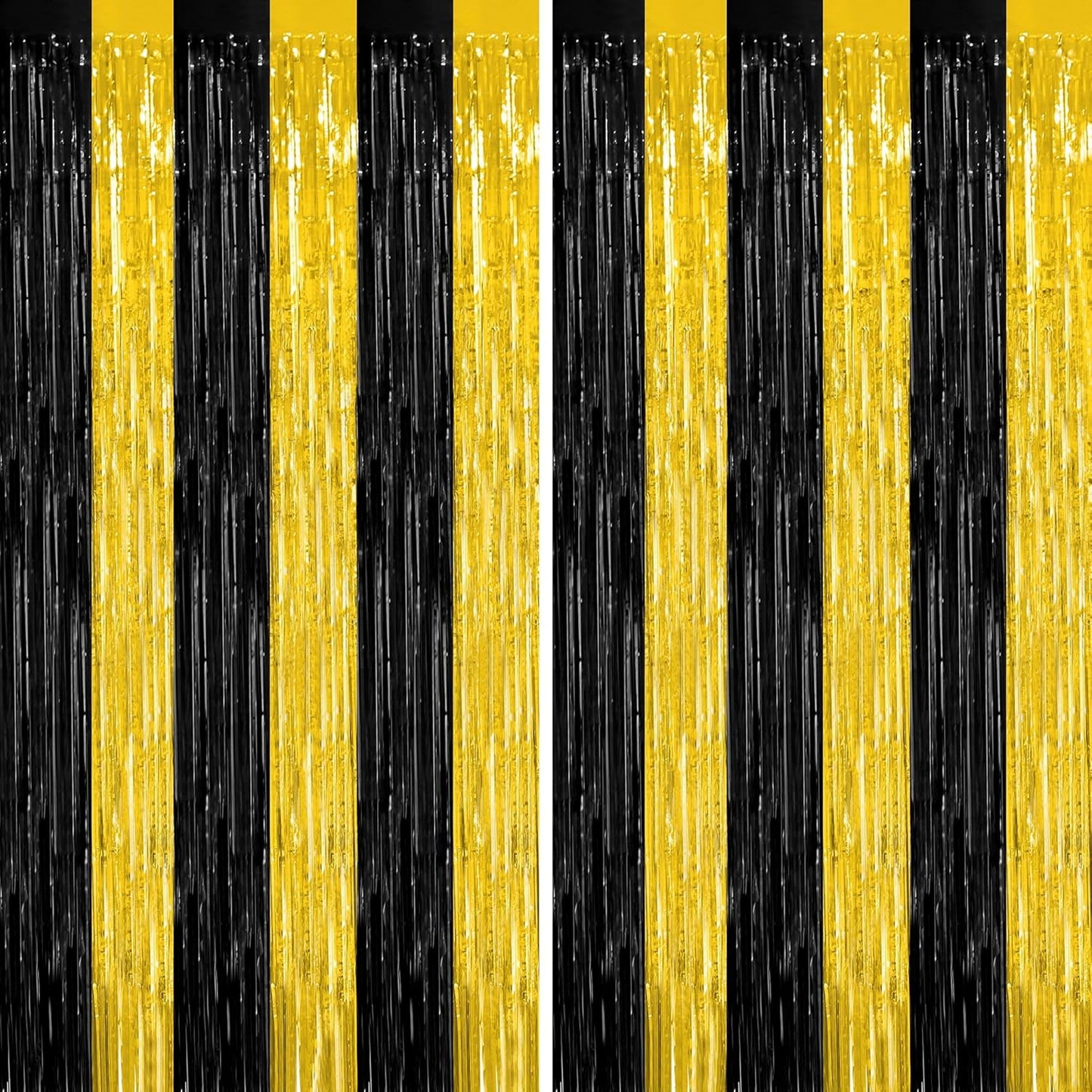 2 Pack Graduation Backdrop, 3.28 FT x 7.05 FT Black and Gold Foil Fringe Curtains, Metallic Foil