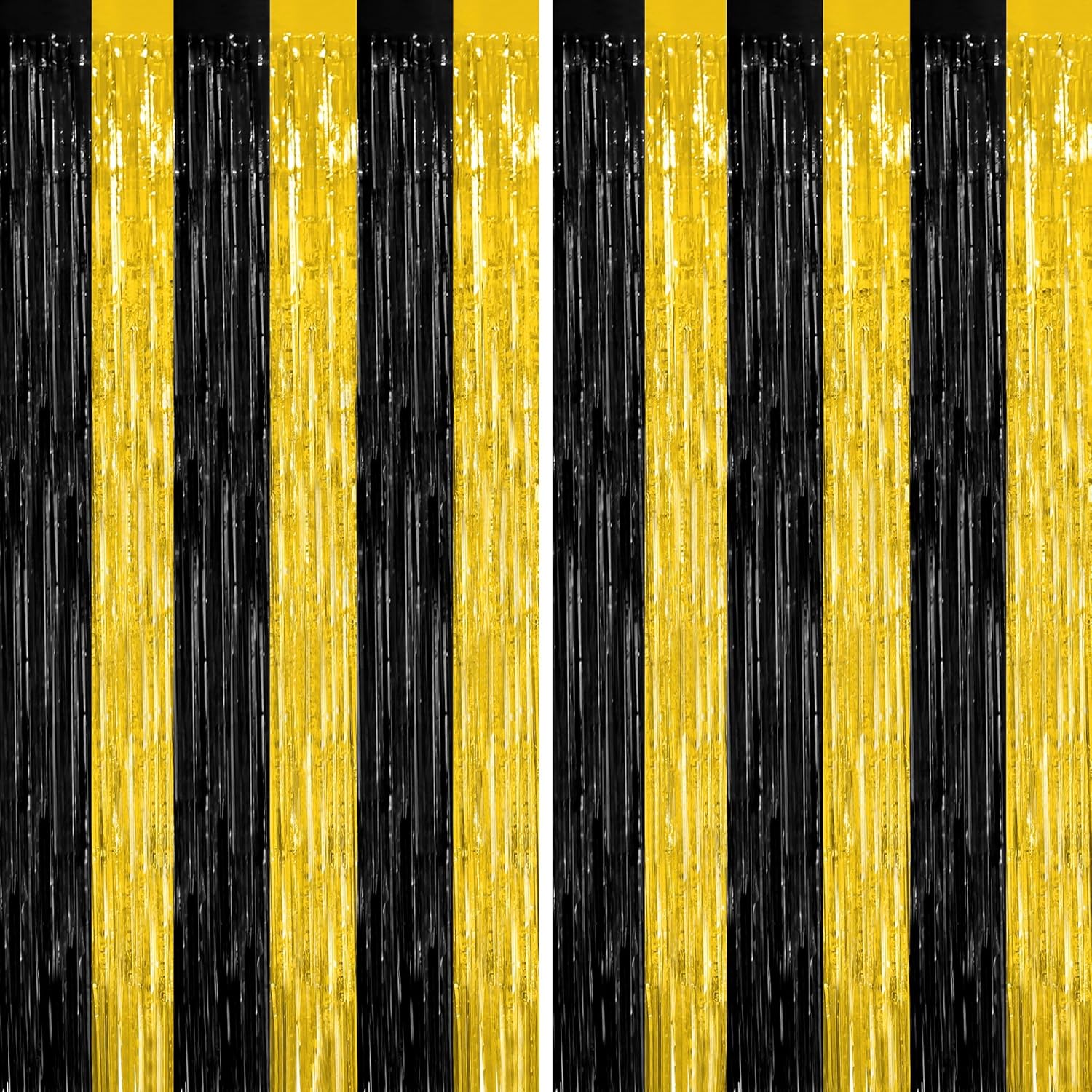 2 Pack Graduation Backdrop, 3.28 FT x 7.05 FT Black and Gold Foil Fringe Curtains, Metallic Foil