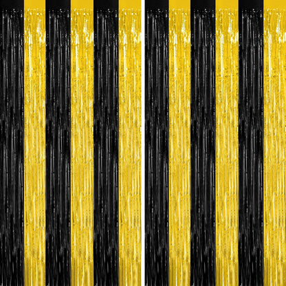 2 Pack Graduation Backdrop, 3.28 FT x 7.05 FT Black and Gold Foil Fringe Curtains, Metallic Foil