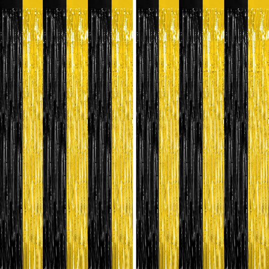 2 Pack Graduation Backdrop, 3.28 FT x 7.05 FT Black and Gold Foil Fringe Curtains, Metallic Foil