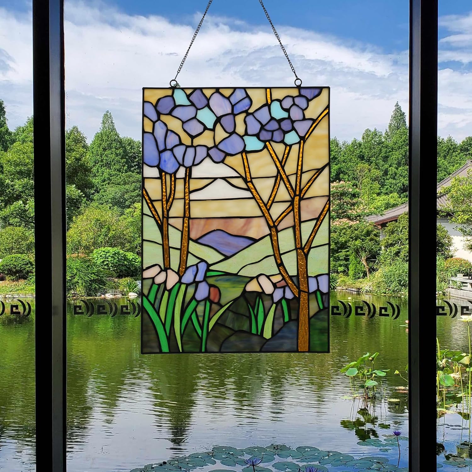 YOURANJU Stained Glass Window Hanging 16" H x 11" W Tiffany Style Rectangular Window Panel Suitable