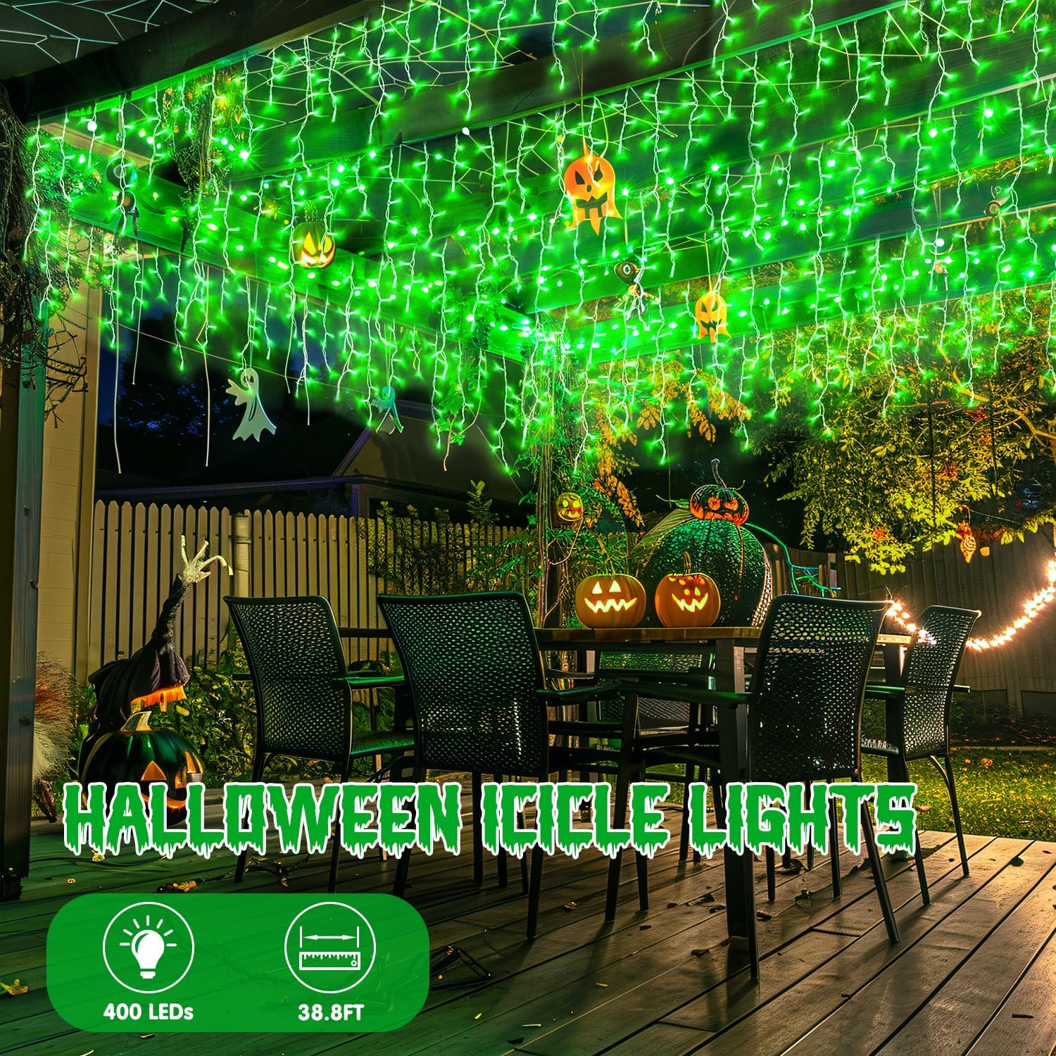 JMEXSUSS 400 LED 38.8F Green Icicle Lights for Halloween Decorations, Green Halloween Lights Indoor