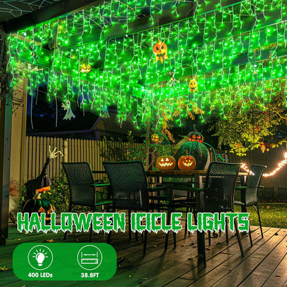 JMEXSUSS 400 LED 38.8F Green Icicle Lights for Halloween Decorations, Green Halloween Lights Indoor