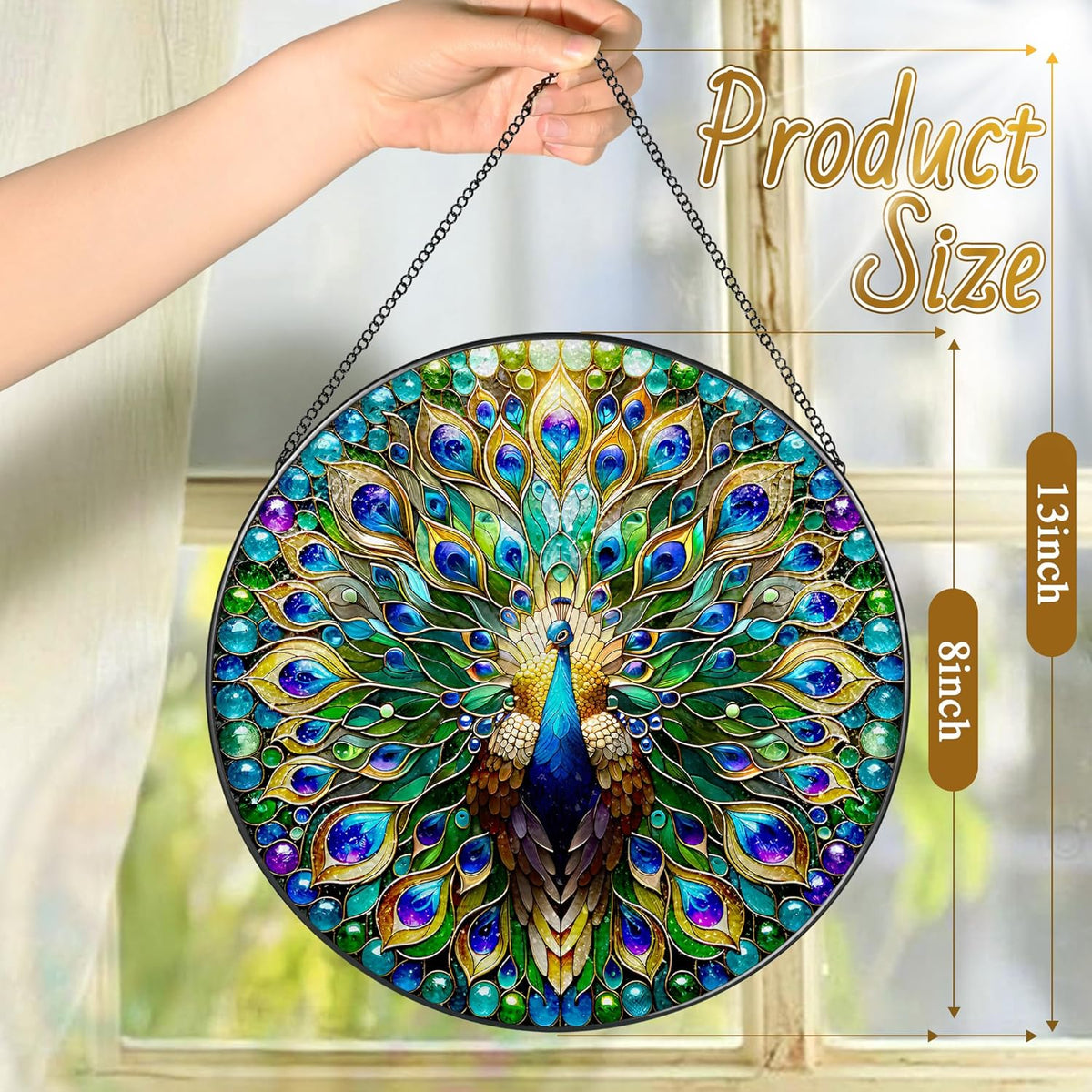 Stained Glass Window Hanging, LAOWEIKI 8'' Peacock Suncatcher, Stained Glass Ornament, Suncatchers