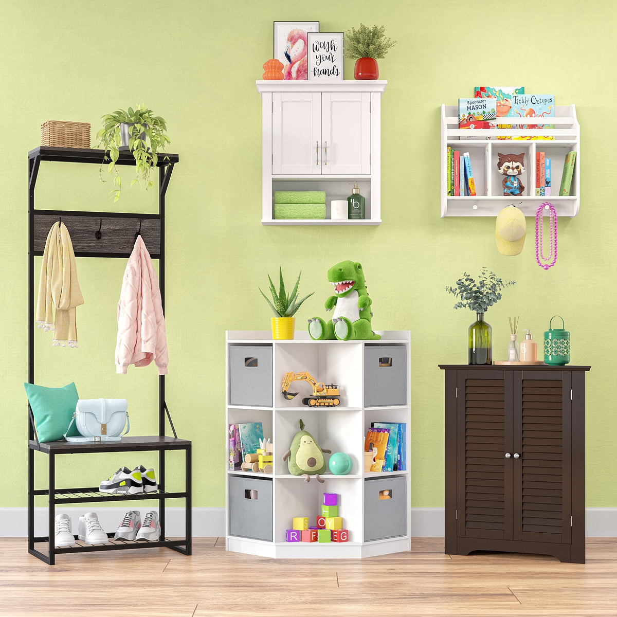 RiverRidge Afton Hall Tree, Black Metal Frame and Weathered Woodgrain