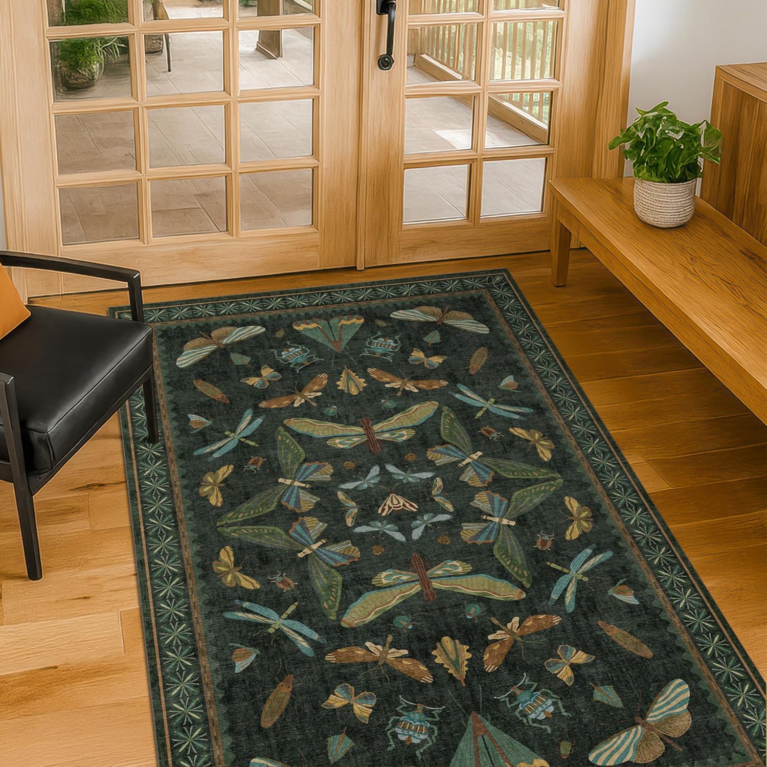 Green and Black Entryway Rug - 3x5 Throw Rug for Large Kitchen, Entry Way, Mudroom, Dark Unique