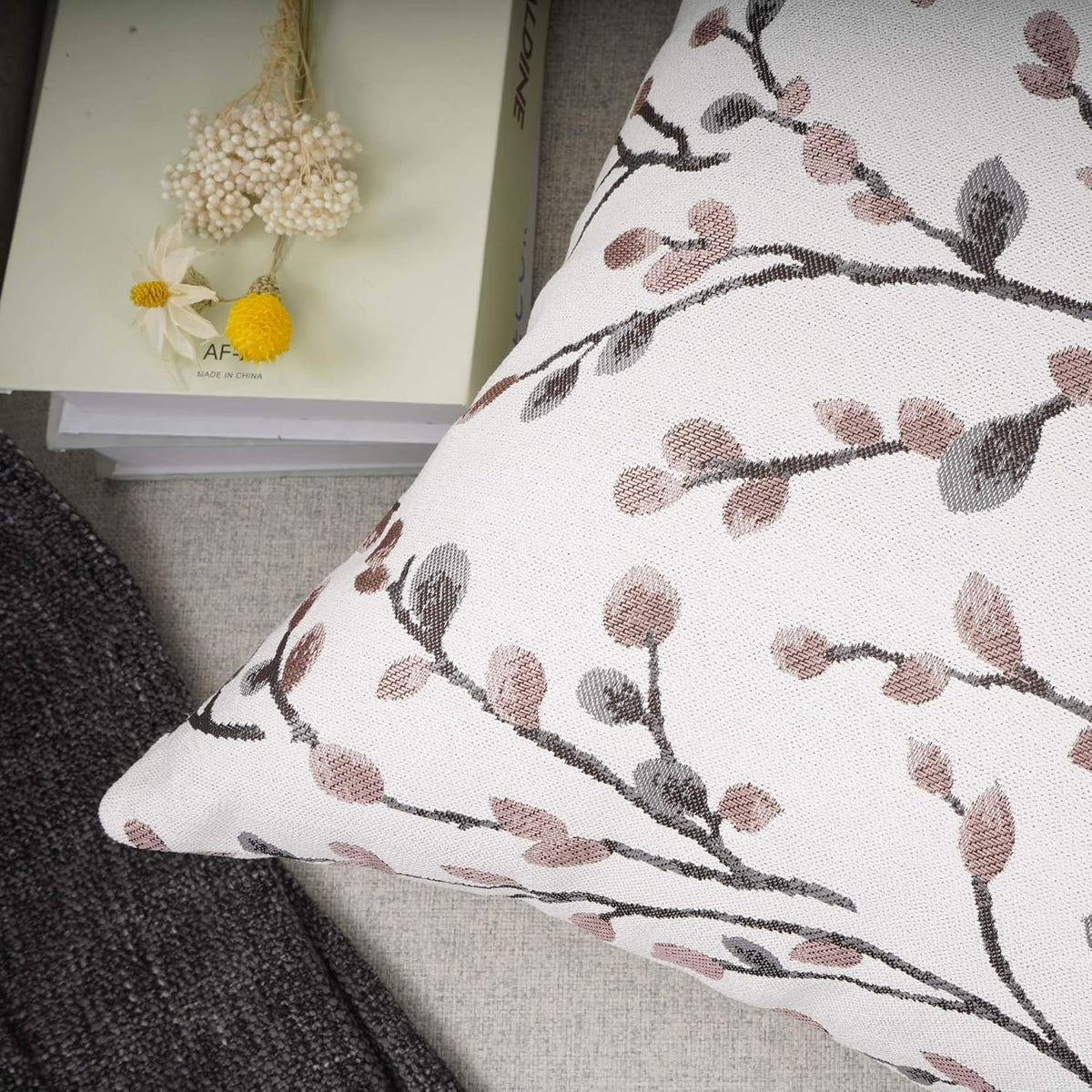 YOUR SMILE Classical Embroidery Jacquard Pink Leaf Pattern Square Decorative Throw Pillow Case