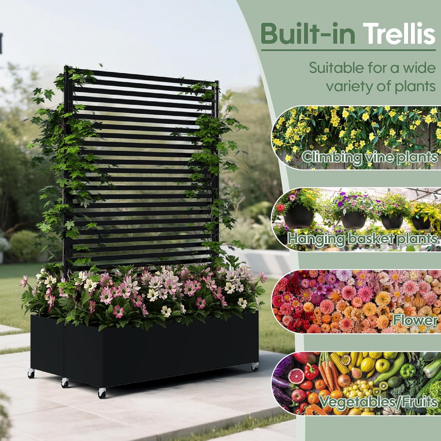 Double Metal Planter Box with Trellis Privacy Screen, Raised Garden Bed with Trellis & Wheels