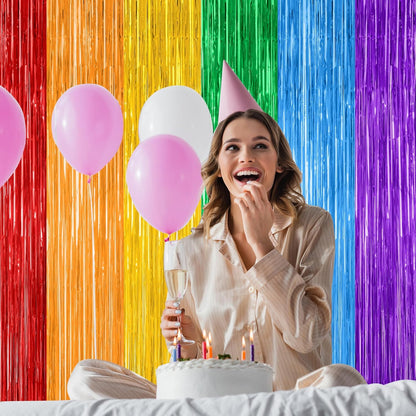4 Pack Pride Decorations, 3.28 FT x 7.05 FT Rainbow Backdrop, Metallic LGBT Party Decor Foil Tinsel