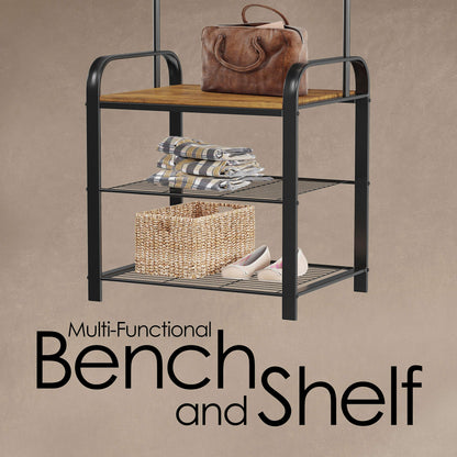 Lavish Home Entryway Bench with Coat Rack - Metal Hall Tree with Seat, Hooks, and Shoe Storage