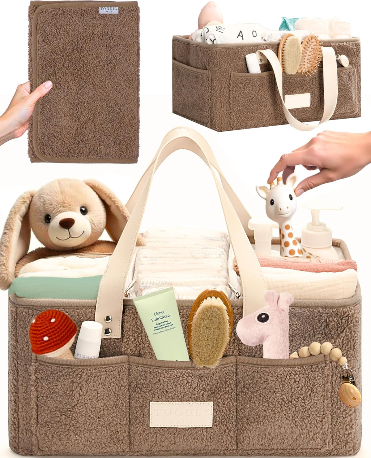 Baby Diaper Caddy Organizer with Portable Changing Mat - Teddy Fleece Diaper Organizer for Changing