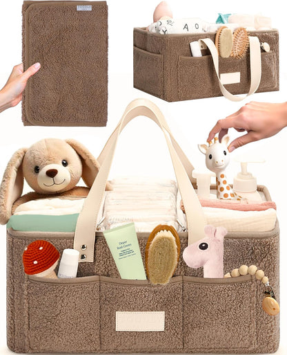 Baby Diaper Caddy Organizer with Portable Changing Mat - Teddy Fleece Diaper Organizer for Changing