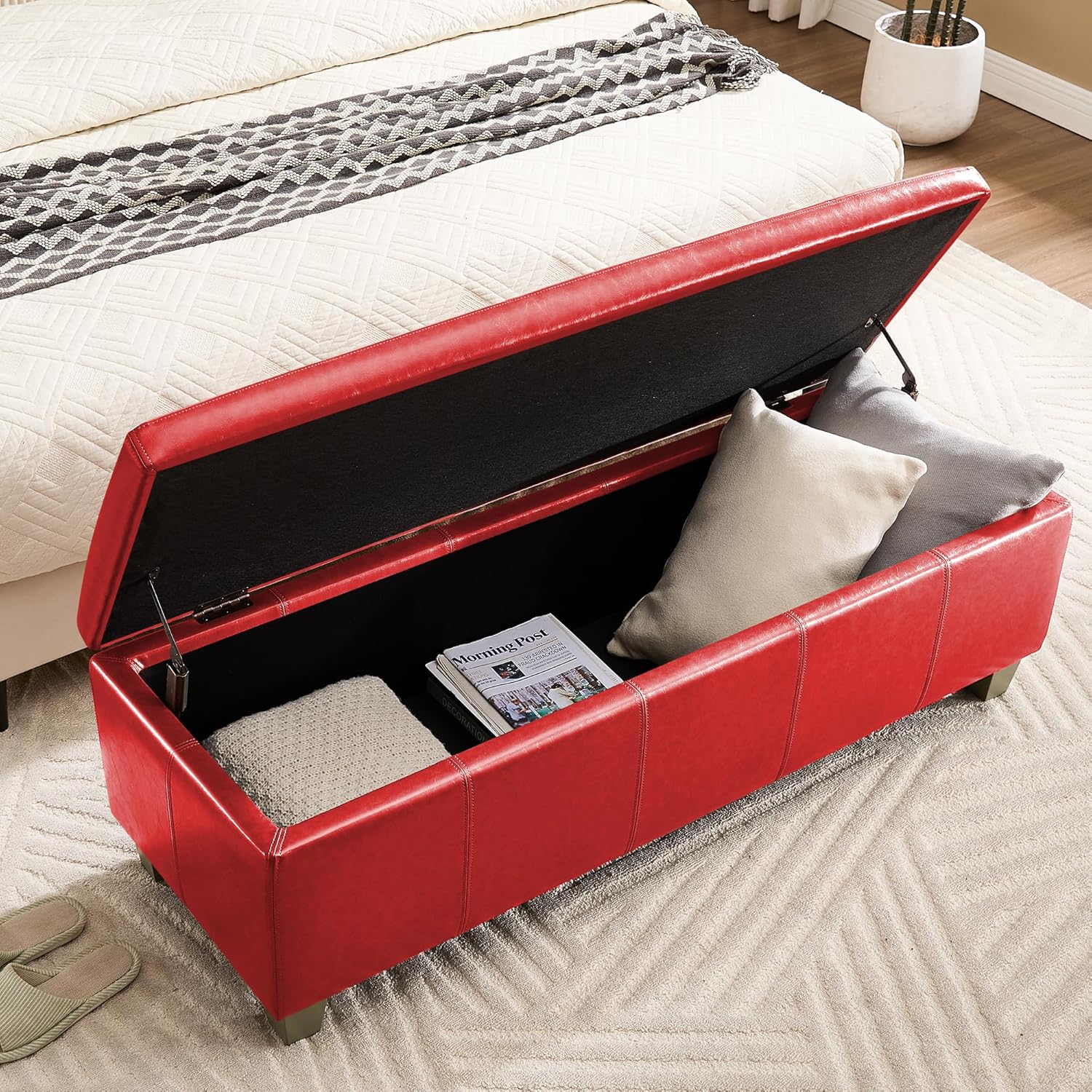 51" Faux Leather Storage Ottoman, Stitch Tufted Rectangle Upholstered End of Bed Storage Bench