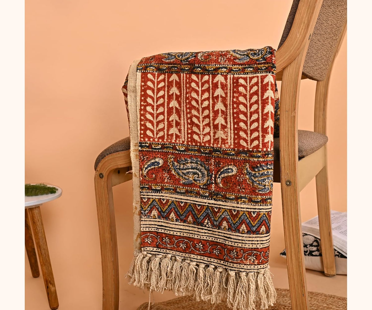 Handmade Cotton Floral Throw Blanket | Indian Block Print with Tassels | Boho Fringed Sofa & Bed