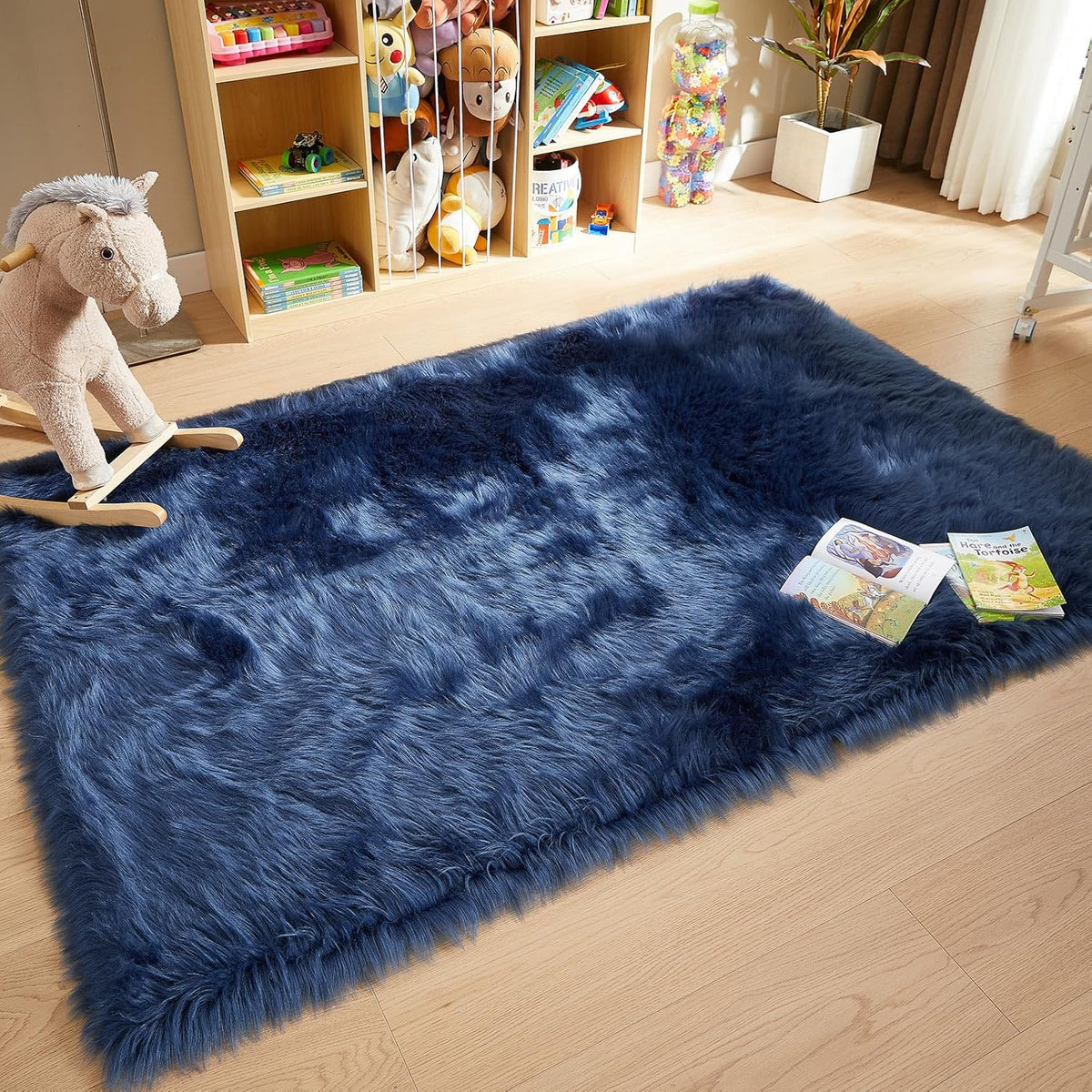 AMTOVO Faux Fur Sheepskin Rug for Living Room, 4 x 6 ft Dark Blue Fluffy Area Rug for Bedroom