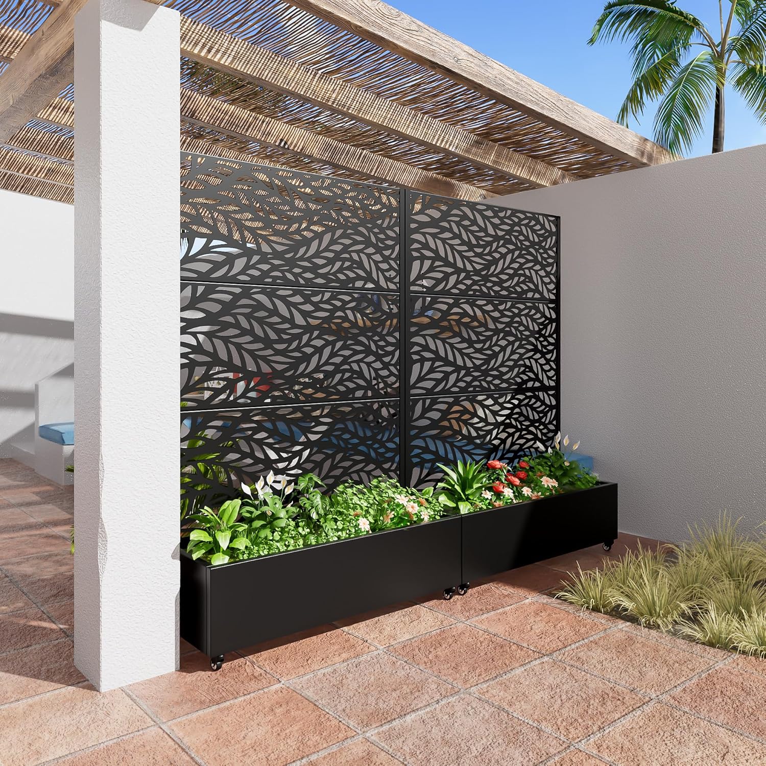 Casaphoria Metal Raised Garden Bed with Trellis and Wheels, 72"x47"x16" Planter Box for Climbing