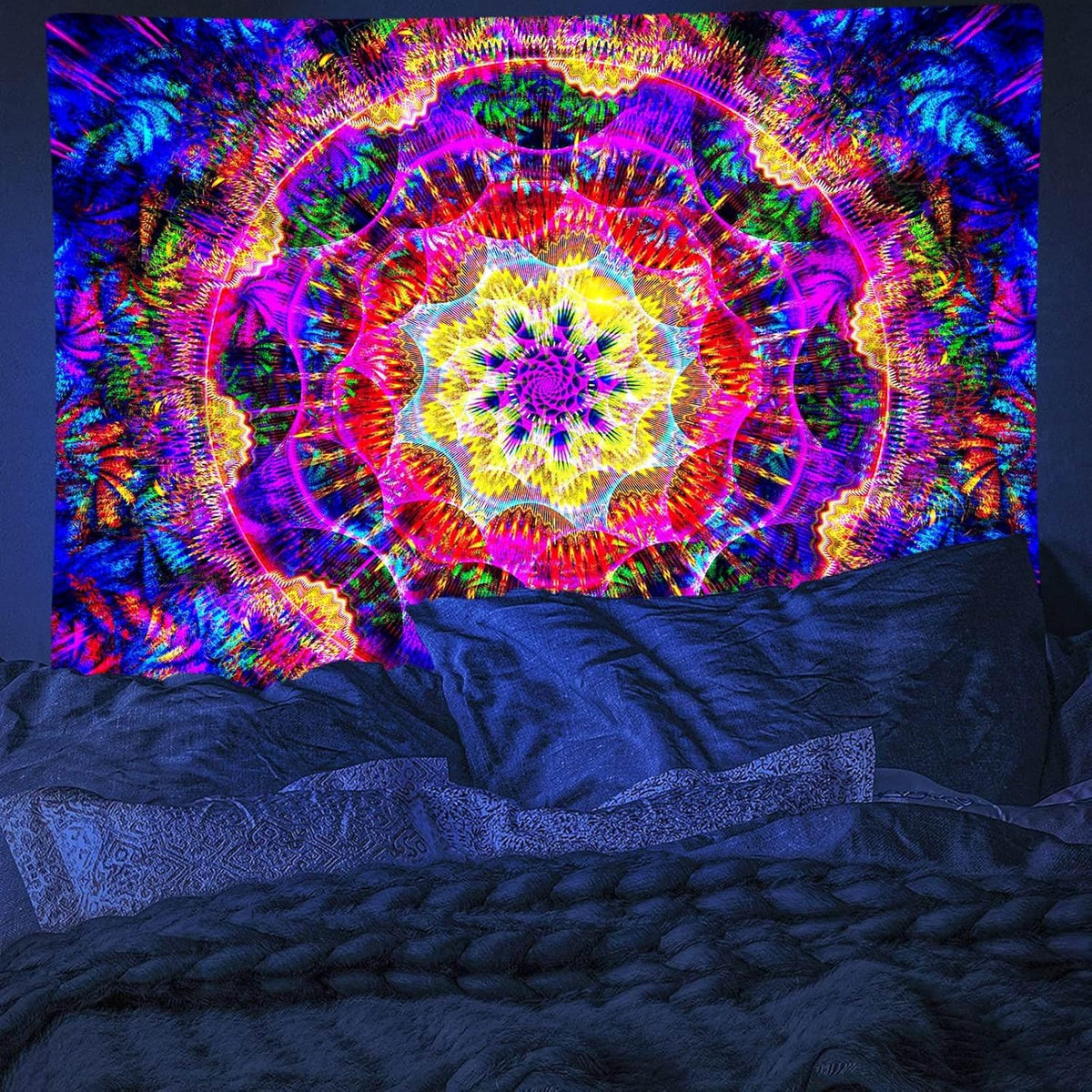 PSYHILAR Blacklight Mandala Tapestry for Bedroom, Psychedelic Black Light Posters for Adults and