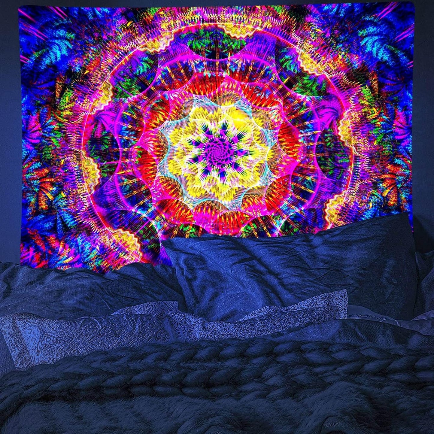 PSYHILAR Blacklight Mandala Tapestry for Bedroom, Psychedelic Black Light Posters for Adults and