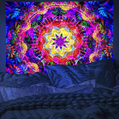 PSYHILAR Blacklight Mandala Tapestry for Bedroom, Psychedelic Black Light Posters for Adults and