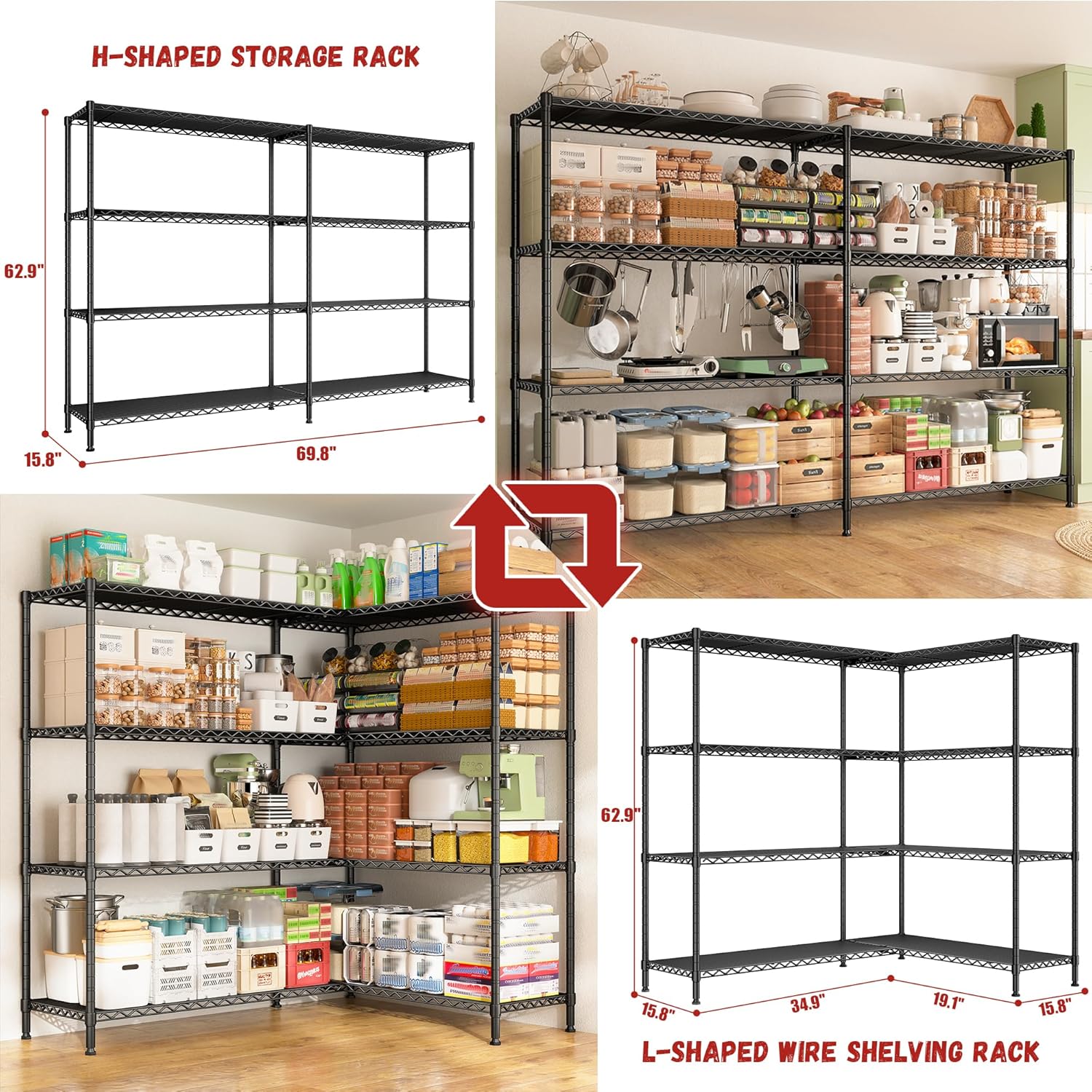 REIBII 69.8" W Storage Shelves 1250LBS Wire Shelving Unit 4 Tier Metal Shelving for Storage Rack