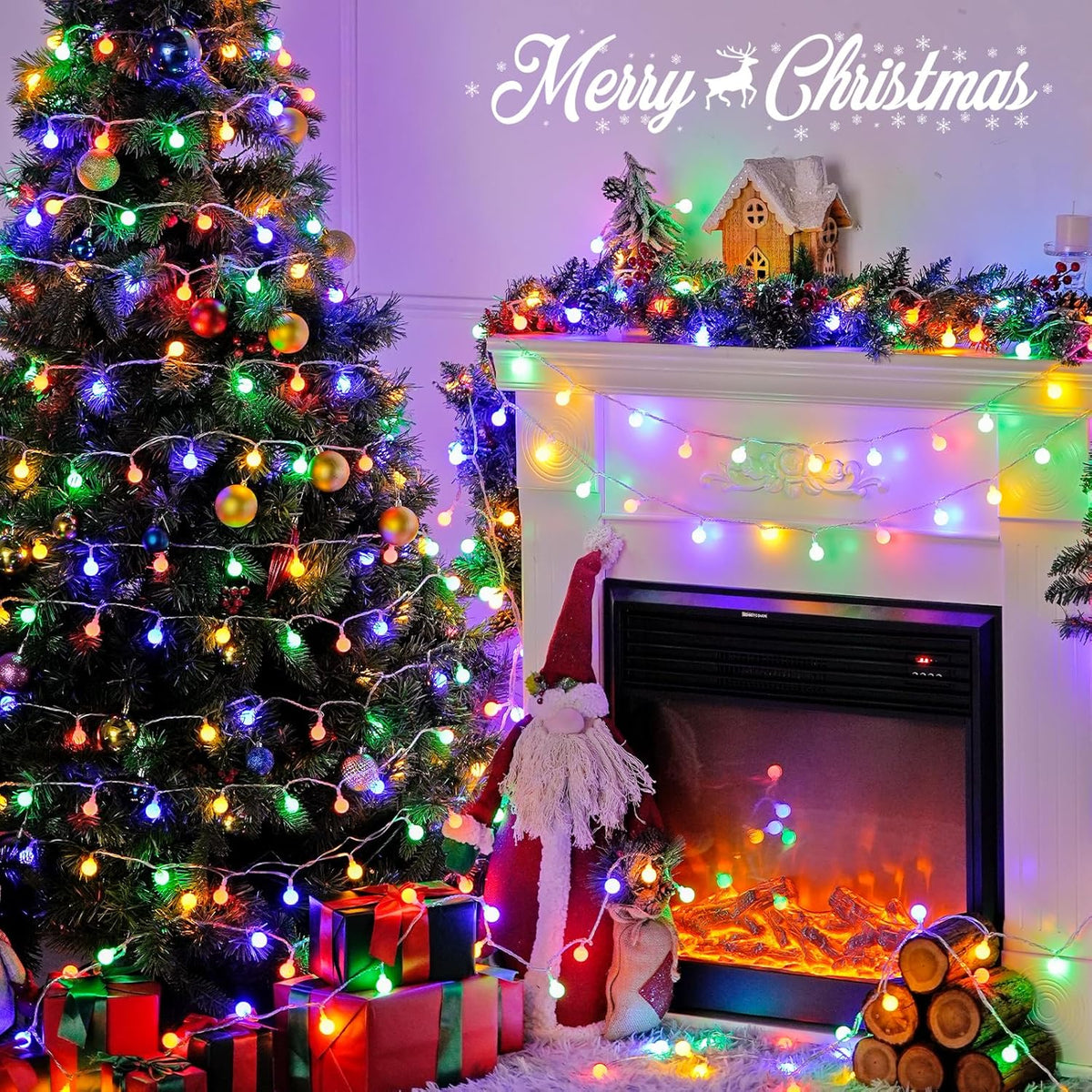 JMEXSUSS 100 LED Connectable Christmas String Lights Indoor Plug in, 33ft 8 Mode Globe String