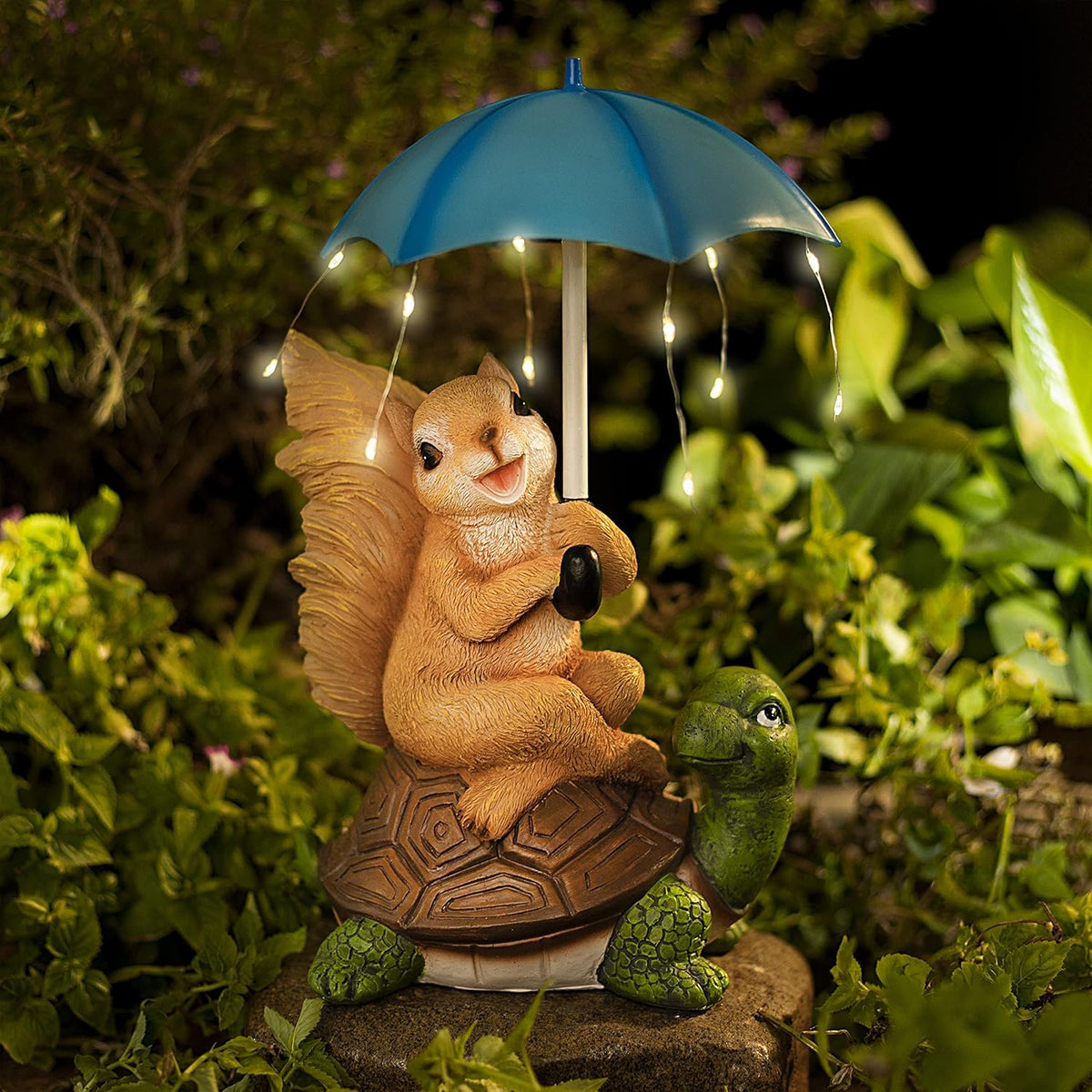 Malister Solar Garden Statue Outdoor Decor - Squirrel Siting on Turtle Statue with String Lights