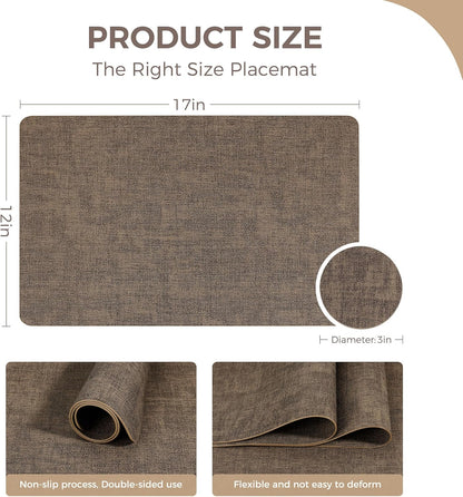 Vinyl Placemats Set of 6, Faux Leather Waterproof and Heat Resistant Place Mats, Washable Anti-Slip