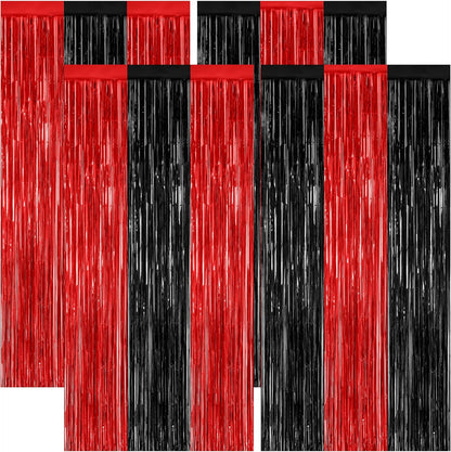 4 Pack Halloween Wall Backdrop, 3.28 FT x 7.05 FT Red and Black Party Streamer, Metallic Tinsel