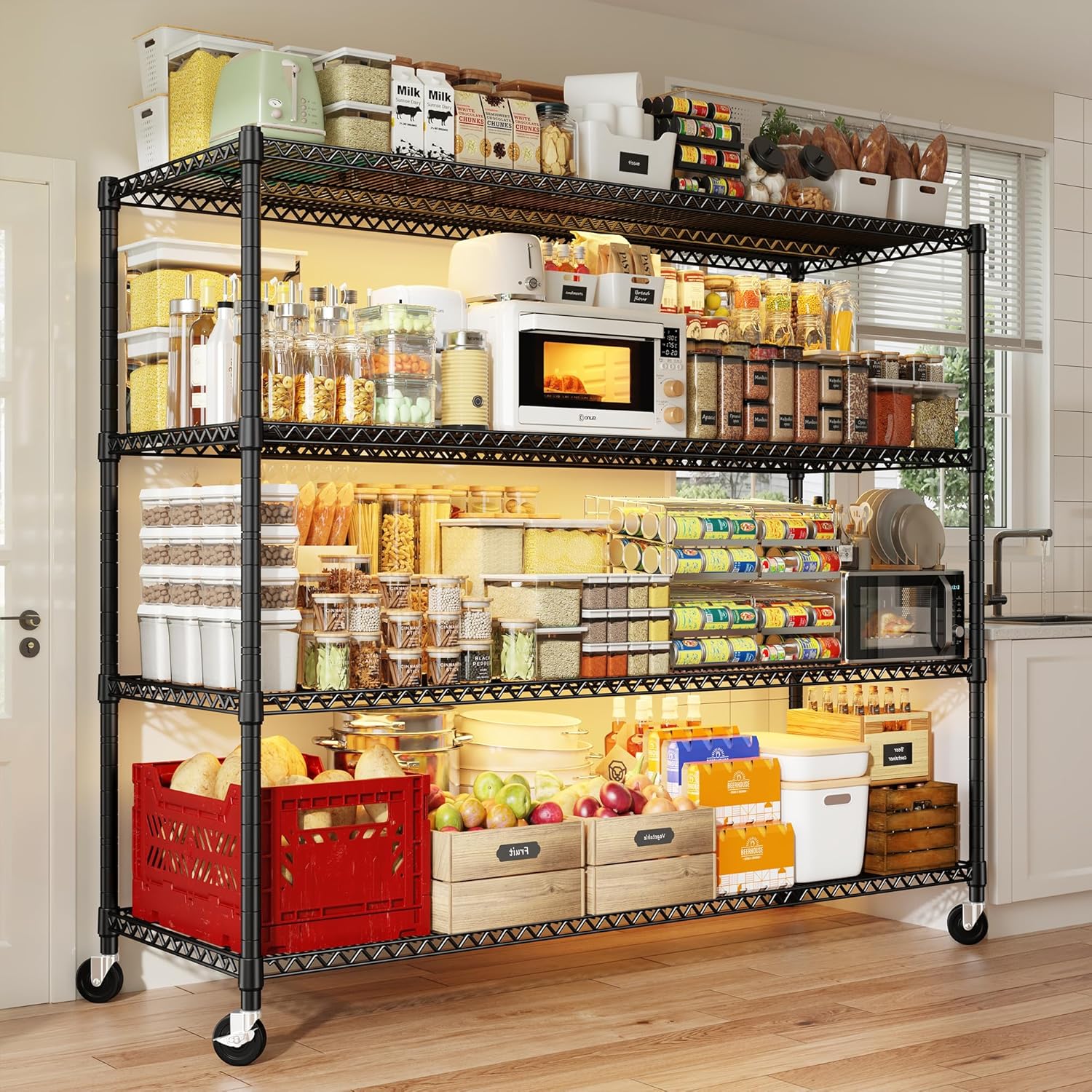 REIBII 60''W Storage Shelves 2399LBS Metal Shelving Unit with Wheels & Feet, 4 Tier Garage Shelving