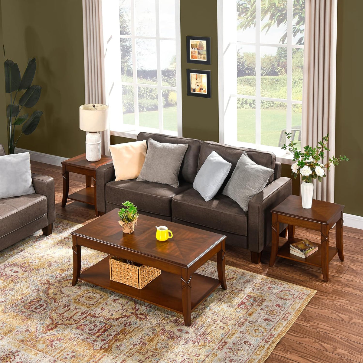 Solid Wood End Table with Storage Shelf, Vintage Rectangle Sofa Side Table with Splicing Tabletop