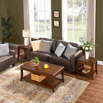 Solid Wood End Table with Storage Shelf, Vintage Rectangle Sofa Side Table with Splicing Tabletop