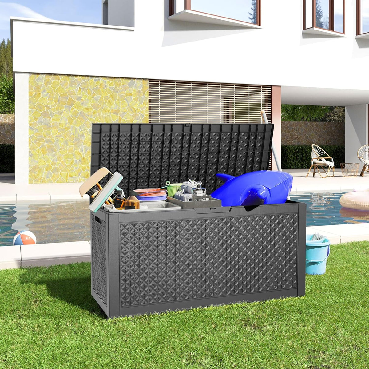 100 Gallon Resin Deck Box, Lockable Patio Outdoor Storage Box for Furniture, Garden Tools and Tools