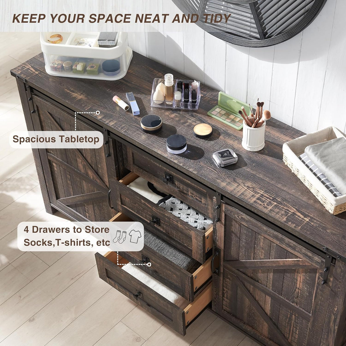 T4TREAM 60'' Farmhouse Dresser Chests for Bedroom w/4 Drawers & Sliding Barn Doors, Wide Dresser TV
