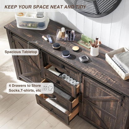 T4TREAM 60'' Farmhouse Dresser Chests for Bedroom w/4 Drawers & Sliding Barn Doors, Wide Dresser TV